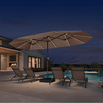 PURPLE LEAF 15ft Patio Market Umbrella with Solar LED and Base Double-Sided Rectangle Outdoor Table Sun Umbrellas with Crank for Pool Beach Deck Backyard Taupe