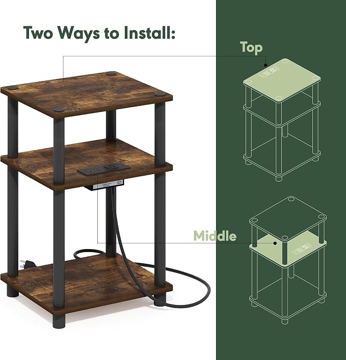 Furinno JUST Side Table, 3-Tier Modern End Table with Charging Station, Easy Assembly Night Stand, Bedside Table with USB and Type-C Port, for Living Room, Bedroom, Amber Pine