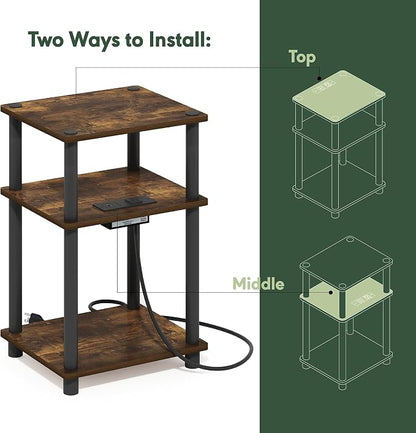 Furinno JUST Side Table, 3-Tier Modern End Table with Charging Station, Easy Assembly Night Stand, Bedside Table with USB and Type-C Port, for Living Room, Bedroom, Amber Pine