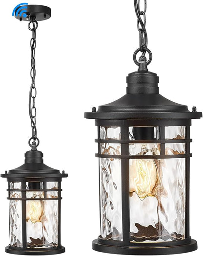 Darkaway Dusk to Dawn Outdoor Pendant Light, 14inch Hanging Porch Light Outdoor Chandelier Ceiling Mount Waterproof Pendant Lights with Water Ripple Glass for Patio Entrance Foyer Entryway