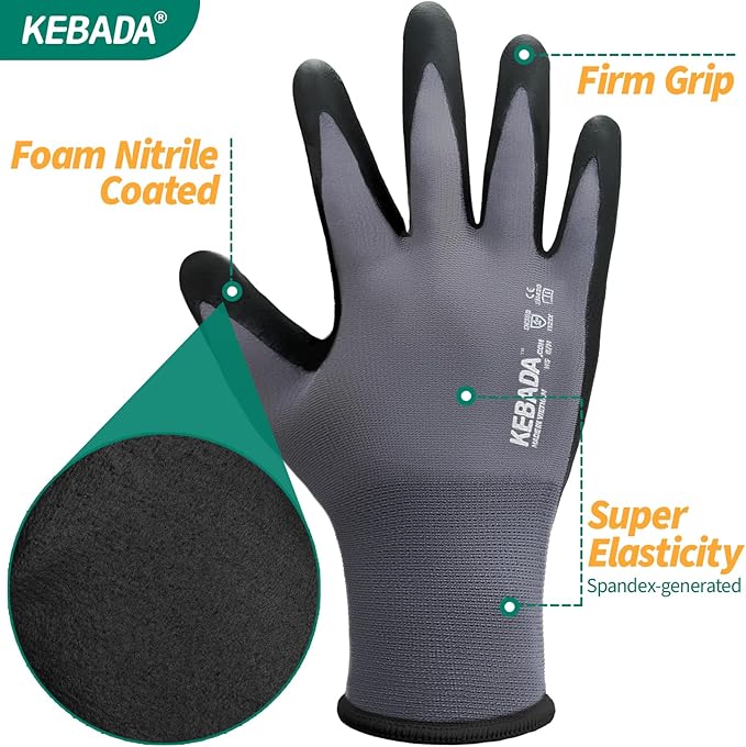 Kebada W5 Work Gloves Bulk Pack (60 Paris), Foam Nitrile Coated Safety Gloves with Grip, Knitted with Spandex and Nylon, Ideal for Gardening, Warehouse, XXL