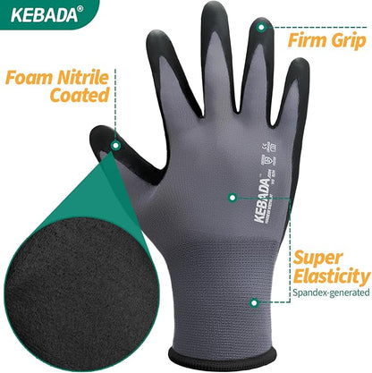 Kebada W5 Work Gloves Bulk Pack (60 Paris), Foam Nitrile Coated Safety Gloves with Grip, Knitted with Spandex and Nylon, Ideal for Gardening, Warehouse, XXL