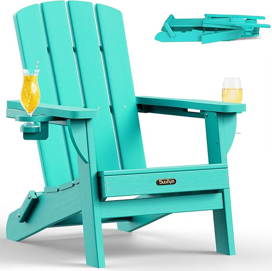 Folding Adirondack Chair, HDPE All-Weather Fire Pit Chairs, Plastic Adirondack Chairs with 2 Cup Holder, Outdoor Lawn Chair for Patio Garden (Lake Blue)