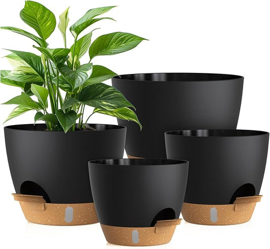 Plant Pots, 4 Pack 12/10/9/8 Inch Self Watering Pots with Drainage Holes, Water Level Indicator Deep Reservoir, Large Planters for Indoor Outdoor Plants - Black Brown