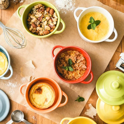 6 Pack Ceramic Ramekins Lids Mini Cocotte 8 OZ Ceramic Oven Safe | Round Small Baking Individual Serving Pot, Lasagna Souffle Soup Bowls, Oven Safe Kitchenware, Handles Round, 6 Colors