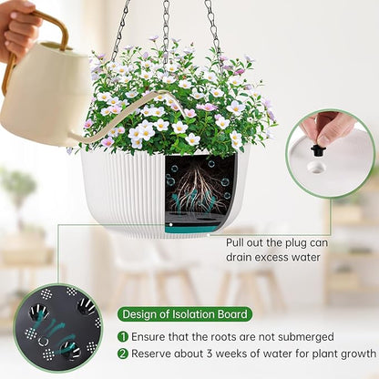 Set of 2 White Hanging Planters for Outdoor Indoor Plants, 12 Inch Self-Watering Hanging Plant Pots with Drainage Hole & Plug (Hooks)