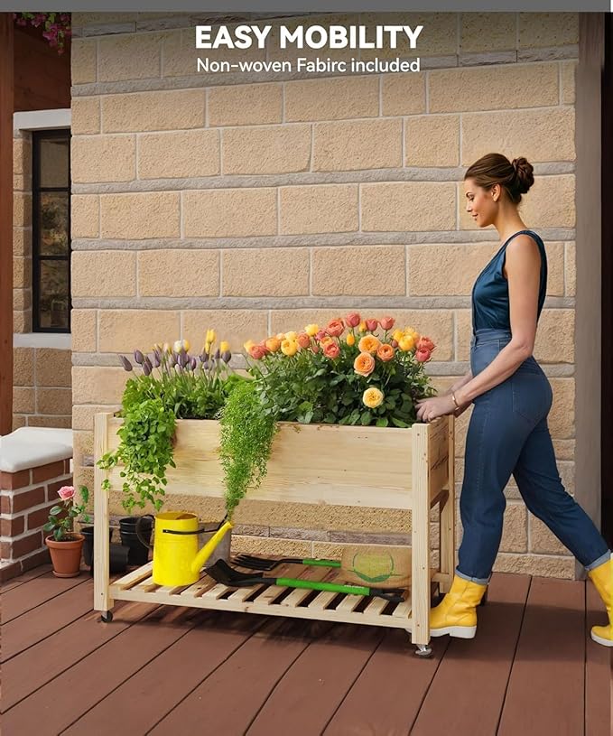 GarveeHome Raised Garden Bed 48x24x32 in Mobile Elevated Wood Planter Raised Beds w/Lockable Wheels, Storage Shelf, and Protective Liner for Indoor/Outdoor Gardening,Natural