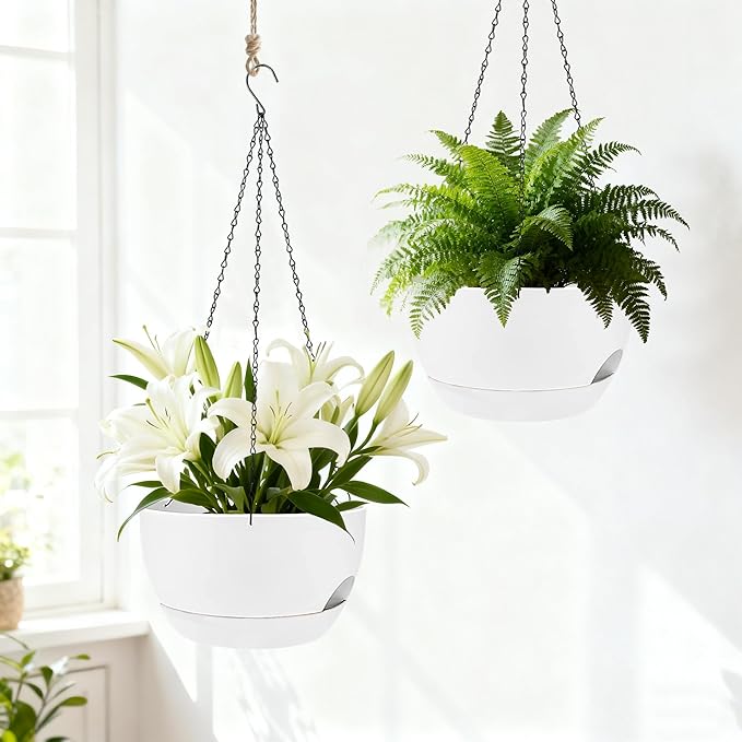 Set of 4-8 Inch Self Watering Hanging Planters for Indoor Outdoor，Hanging Plant Pots with Drainage & Removable Tray, Hanging Pots Holder for Ivy, Pothos, Ferns, Balcony & Patio, White