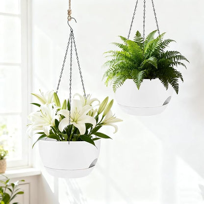 Set of 4-8 Inch Self Watering Hanging Planters for Indoor Outdoor，Hanging Plant Pots with Drainage & Removable Tray, Hanging Pots Holder for Ivy, Pothos, Ferns, Balcony & Patio, White