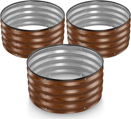 Round Galvanized Raised Garden Bed // 2×2×1 ft (3-Pack) Galvanized Raised Garden Beds Outdoor for Gardening, Vegetables, Flowers (Dark Wood Grain) // Patented Tool-Free Design Round Planter