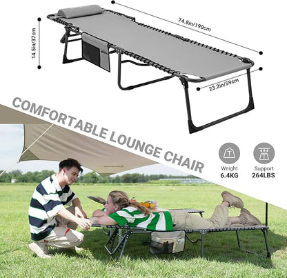 KingCamp Lounge Chair Outdoor, Folding Portable Tanning Chairs Comfy Adjustable 5-Position Lay Flat Foldable Chaise Chaser Lounger with Pillow for Outside Beach Patio Sun Bathing Pool Backyard, Grey