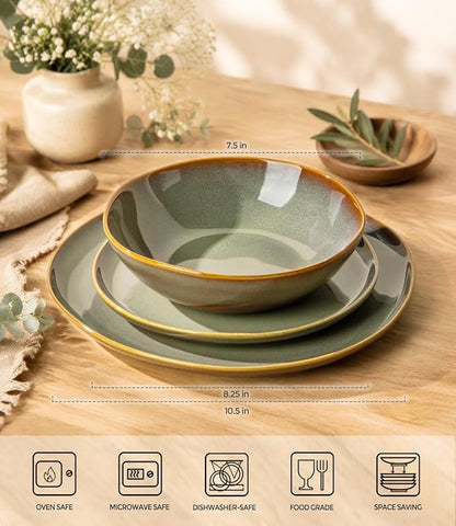 TheTerra Ceramic Dinnerware Set for 4, 12-Piece Plates and Bowls Set | Lightweight Porcelain Dish Set, Scratch Resistant, Oven & Microwave & Dishwasher Safe, Sage Umber