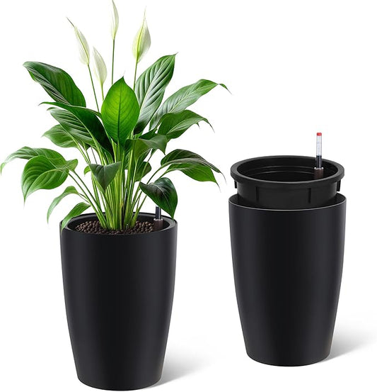 16 in Tall Planters Set of 2, Plant Pots, Self Watering Pots for Indoor Plants, Flower Pots With Built-In Drainage and Visual Water Level Design, for Patio, Porch, Living Room, or Home Office, Black