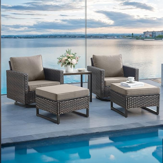 Rilyson Wicker Outdoor Patio Furniture Set - 5 Piece Patio Conversation Set with 2 Swivel Rocker Chairs,2 Rattan Ottoman and 1 Metal Side Table for Outside Porch Deck Backyard Garden(Brown/Grey)