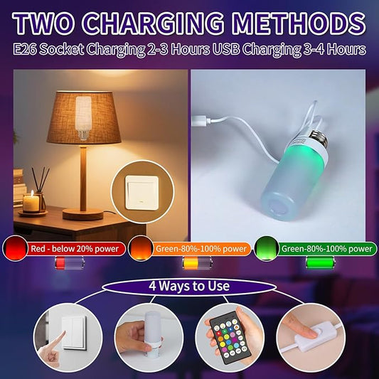 2PK Rechargeable Light Bulbs with Remote, Emergency Battery Operated Light Bulbs with Dual Recharging Ways, Tuned White 12 RGB Colors Optional Timer for Lamp Power Outages Camping Hurricane