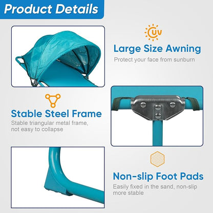 Northroad Beach Lounge Chair with Canopy Shade, Adjustable 4 Position Foldable Tanning Chair, Outdoor Heavy Duty Chaise Lounge Chair, for Poolside Patio Sunbathing Lawn, UPF 50+, Blue