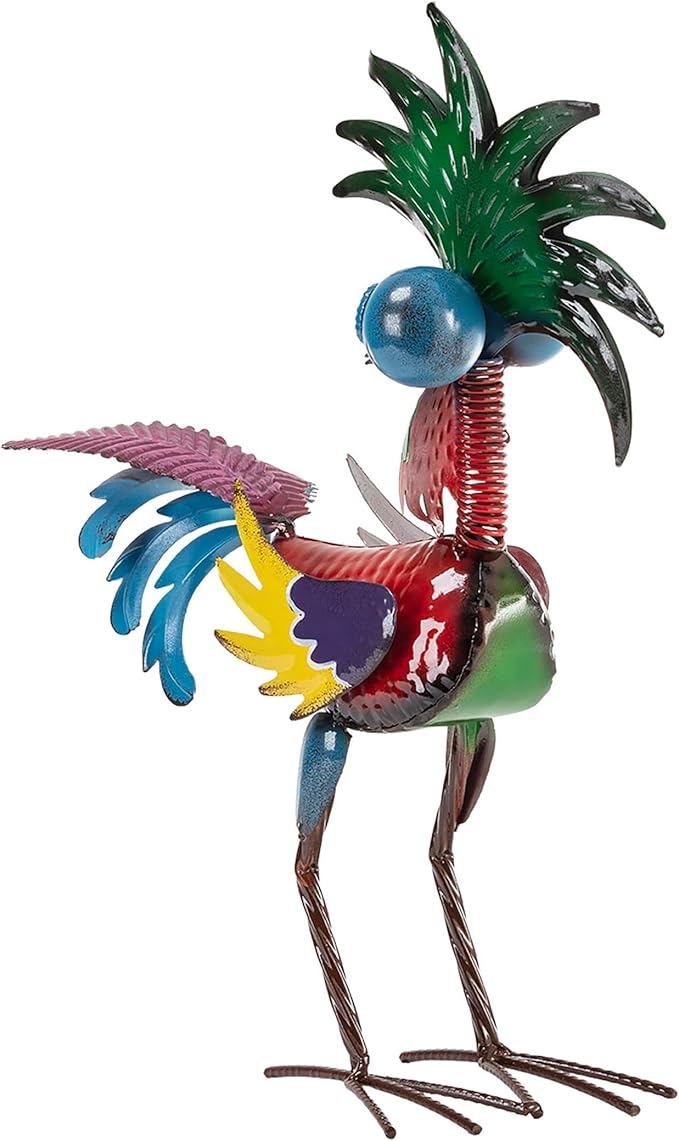 Alpine Corporation - 19" Tall Wild Tropical Metal Rooster Yard Statue – Colorful Indoor/Outdoor Garden Décor, Rustic & Fun Farm Animal for Garden, Patio, Lawn, or Porch