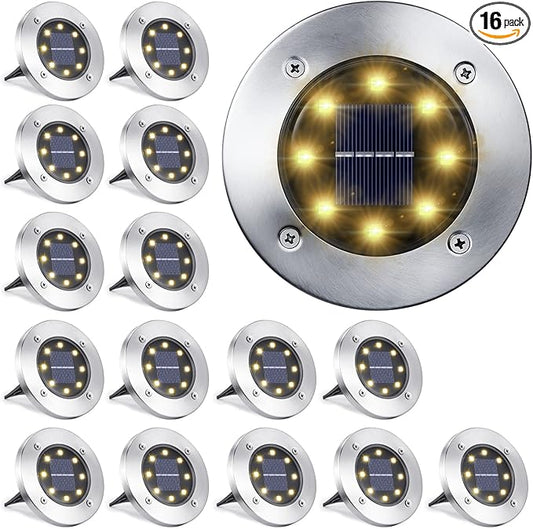 LYHOPE Solar Ground Light Outdoor, 16 Pack 8 LED Solar Disk Lights Waterproof Garden In-ground Pathway Lights Landscape Lighting for Lawn,Yard,Deck,Patio,Walkway (Warm White)