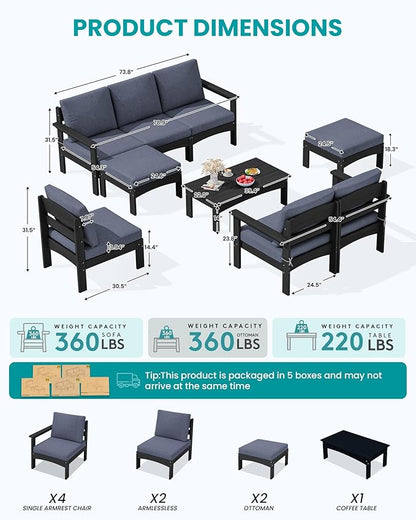 SERWALL 9 Pieces Patio Furniture Set with 15FT Double Side Patio Umbrella, HDPE Outdoor Sectional Sofas, Outdoor Couch Set, Large Modular Conversation Set for Garden, Black Frame with Grey Cushion