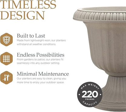 Southern Patio 14 Inch Large Outdoor Home Lightweight Plastic Utopian Urn Flower Planter Pot for Entryways and Backyard Patios, Stone