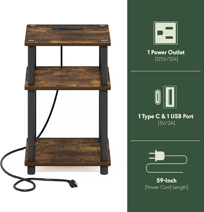 Furinno JUST Side Table, 3-Tier Modern End Table with Charging Station, Easy Assembly Night Stand, Bedside Table with USB and Type-C Port, for Living Room, Bedroom, Amber Pine