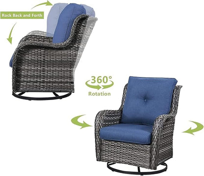 HUMMUH Outdoor Swivel Rocker Wicker Patio Chairs Set of 2, Rattan Rocking Chair Furniture Set (Grey,Blue)