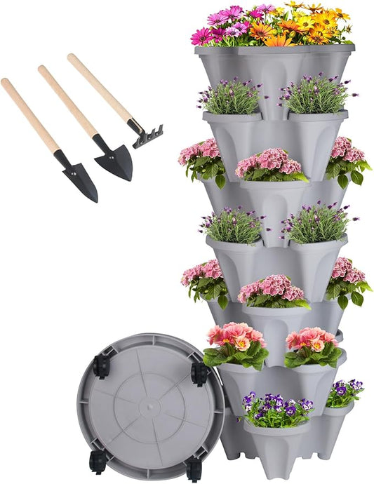 GameXcel Vertical Planter Tower- 7 Tier Stackable Garden Planter with Wheels and Tool Set – Grow Strawberries Herbs Flowers and Vegetables - Indoor Outdoor Use Gray