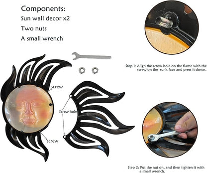 Tuokiuhn Large Sun Metal Outdoor Wall Art Decor Metal Sun Moon Wall Decor Outdoor Art Hanging Living Room Garden 28 Inch