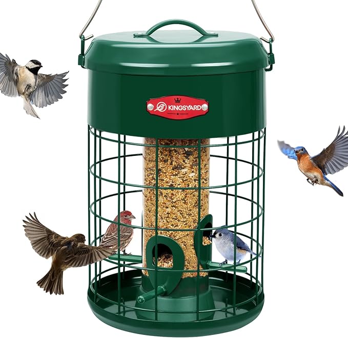 Kingsyard Upgraded Squirrel Proof Caged Bird Feeder for Outdoor Hanging - Additional Storage Tube Bird Feeder with 4 Feeding Ports & Perches, Easy to Clean & Refill. Green