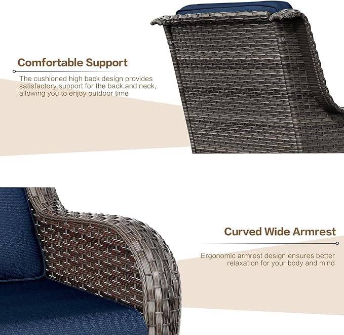 5 Pieces Outdoor Patio Furniture Conversation Set PE Rattan Wicker with a 3-Seater Sofa, 2 Armchairs, 2 Outdoor Ottomans for Yard Backyard (Brown/Navy Blue)