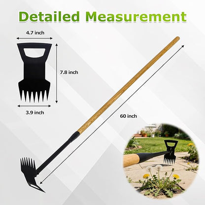 60" Wooden Handle 2 in 1 Uprooting Tool,7-Tine Garden Hoe for Weeding,Weed Remover for Yard,Sidewalks,Driveways,and Areas Around Residential Entrance Fences(7-Tooth Wooden Handle)