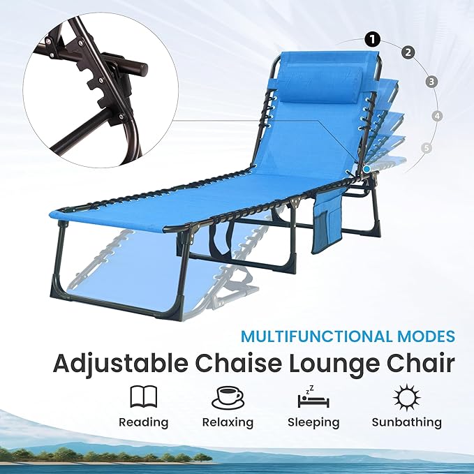 2 Pack Outdoor Folding Chaise Lounge 5-Position Adjustable Recliner 400LB Heavy Duty Portable Patio Camping Beach Chair, Blue