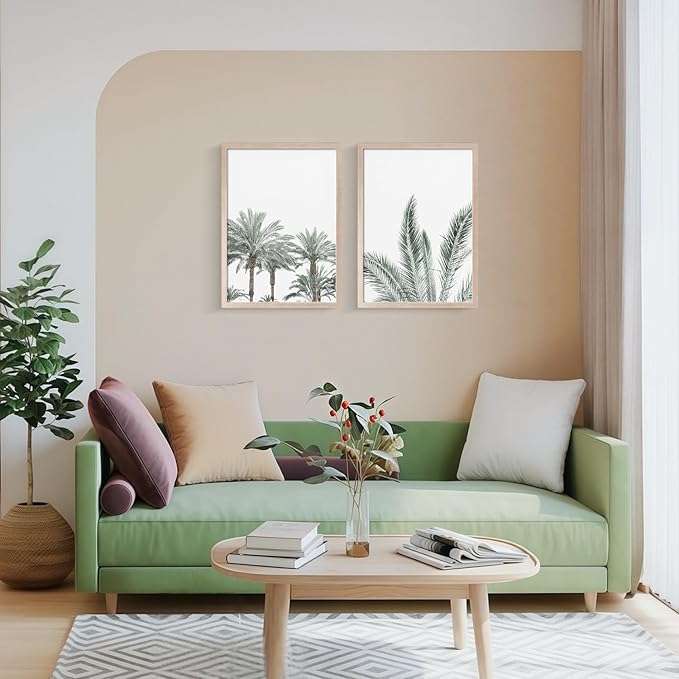 Framed Vintage Canvas Wall Art Palm Tree Leaves Poster Picture Modern Countryside Painting Nature Scenery Contemporary Home Print Living Room Gallery Office Ready to Hang 12x16 Inch x2