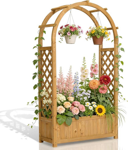VINGLI Raised Garden Bed with Trellis & Hanging Roof, Wooden Garden Bed, Outdoor Planter Box for Yard, Garden, Balcony (Natural Wood Color, Arched)