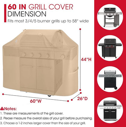 Unicook Heavy Duty Waterproof Grill Cover 60 Inch, BBQ Cover for Outside, Compatible with Weber Char-Broil Nexgrill Kenmore 3-5 Burner Gas Grills up to 58”, All Weather Protection, Light Brown