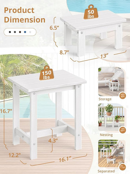 LUE BONA Outdoor Side Table, 2-Tier HDPS Outdoor Nesting End Table with Removable Small Foot Stool for Patio, Deck, Poolside, Low Maintenance & Weather Resistant, White