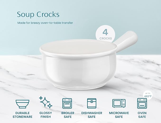 KooK French Onion Soup Bowls, French Onion Soup Crocks, Soup Bowl with Handles, 15 oz, Set of 4, Ceramic Bowls, Microwave, Dishwasher Safe & Oven safe, Stoneware,(White)