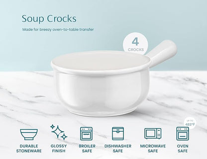 KooK French Onion Soup Bowls, French Onion Soup Crocks, Soup Bowl with Handles, 15 oz, Set of 4, Ceramic Bowls, Microwave, Dishwasher Safe & Oven safe, Stoneware,(White)
