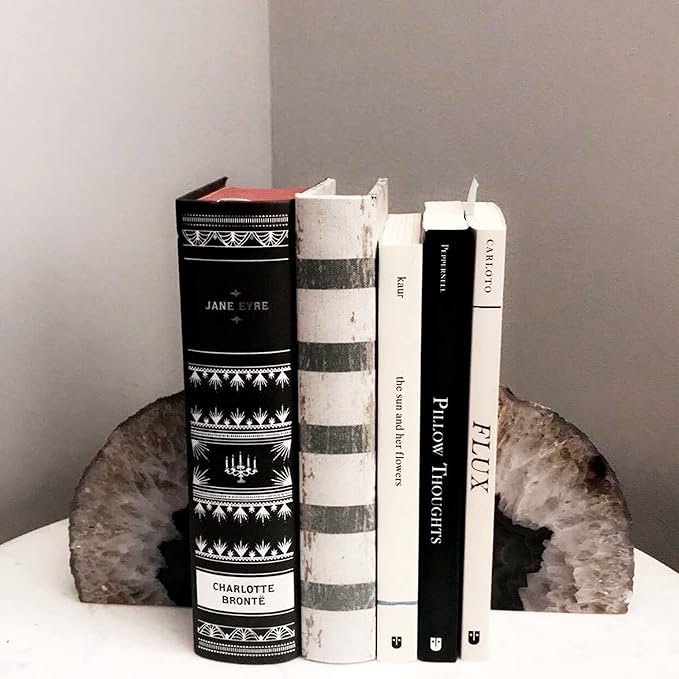 JIC Gem Black Agate Bookend(s) Bookends for Shelves to Hold Books geode bookends with Rubber Bumpers for Office and Home Decoration(1 Pair 2 to 3 Lbs)