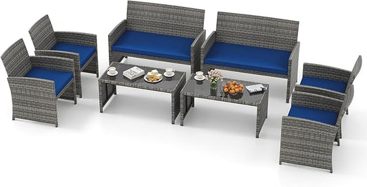 Tangkula 8 Piece Patio Wicker Furniture Set, Outdoor Heavy Duty Rattan Cushioned Chairs, Loveseat and Tempered Glass Coffee Table, for Backyard, Balcony, Poolside