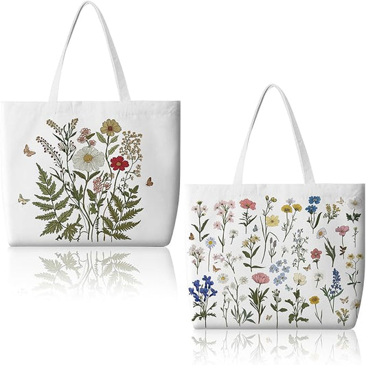Bencailor 2 Pcs Spring Flower Canvas Tote Bags Reusable Wildflowers Herbs Plant Grocery Bags for Women Shopping Spring Gifts(Flower)