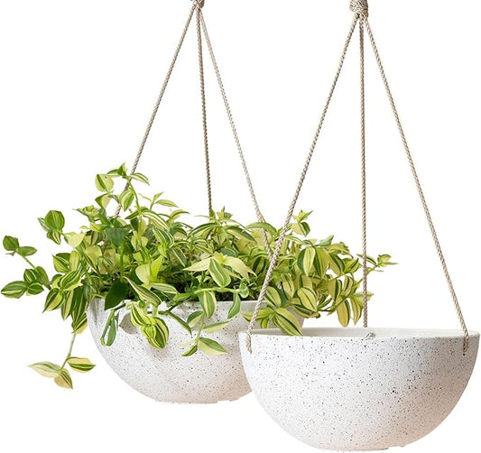 LA Jolie Muse Hanging Planters for Indoor Plants - Flower Pots Outdoor 9.84 inch Garden Planters and Pots,Speckled White Set of 2