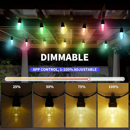 Outdoor String Lights 100FT (2×50FT), Patio Lights with 40 Dimmable RGBW LED Bulbs, IP66 Waterproof & Shatterproof, APP & Remote Control, 24V Adapter, Color Changing Lights for Backyard Decor
