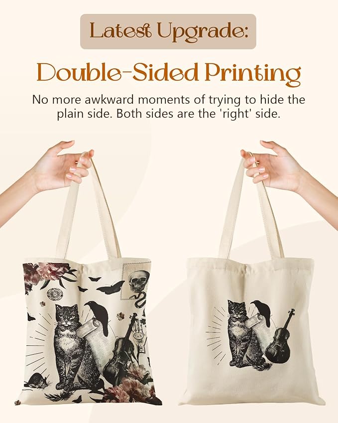 Miss Adola Canvas Tote Bag for Women – Aesthetic Canvas Bag with Zipper Cute Stylish Reusable Shoulder Totes for Shopping Work Daily Vacation, Crow Cat