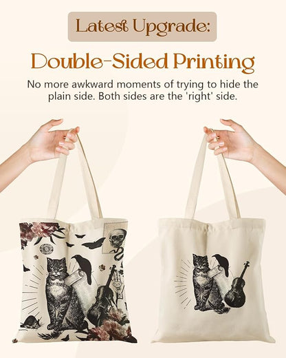 Miss Adola Canvas Tote Bag for Women – Aesthetic Canvas Bag with Zipper Cute Stylish Reusable Shoulder Totes for Shopping Work Daily Vacation, Crow Cat