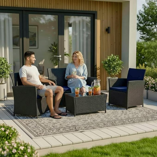 FHFO 4 Piece Outdoor Patio Furniture Sets, Outdoor Sectional Furniture Wicker Conversation Sofa Set for Outside Balcony Porch Backyard (Black-Blue)