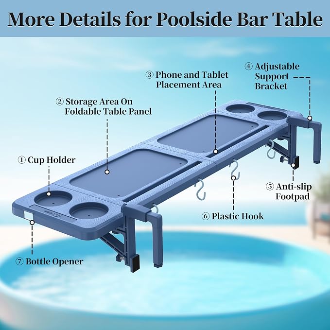 Poolside Bar, 44"×12" Poolside Bar Table with Adjustable Support Bracket Fits Above-ground Pools, Swim Up Bars Capacity Up to 110lbs, Patio Poolside Table Smart Fold ＆Weather Resistant Stable Tabletop