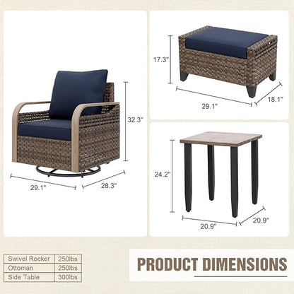 Modern Wicker Bistro Table and Chairs Set, Rattan Outdoor Bistro Set with Swivel Rocking Chairs, Ottomans & Table, 5 Pieces, Brown/Blue