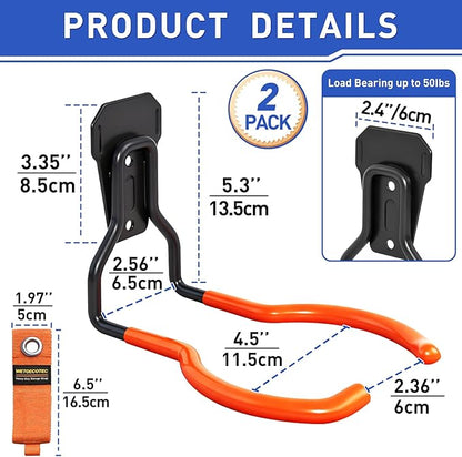 Heavy Duty Garden Power Tool Hanger, Garage Storage Utility Hooks with Storage Straps, Electric Tool Hooks, String Trimmer Hangers, Garden Tool Organizer, Weedeater Rack (2, Orange)