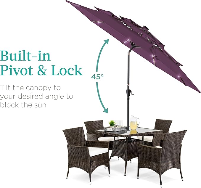 Best Choice Products 10ft 3-Tier Solar Patio Umbrella, Outdoor Market Sun Shade for Backyard, Deck, Poolside w/ 24 LED Lights, Tilt Adjustment, Easy Crank, 8 Ribs - Amethyst Purple